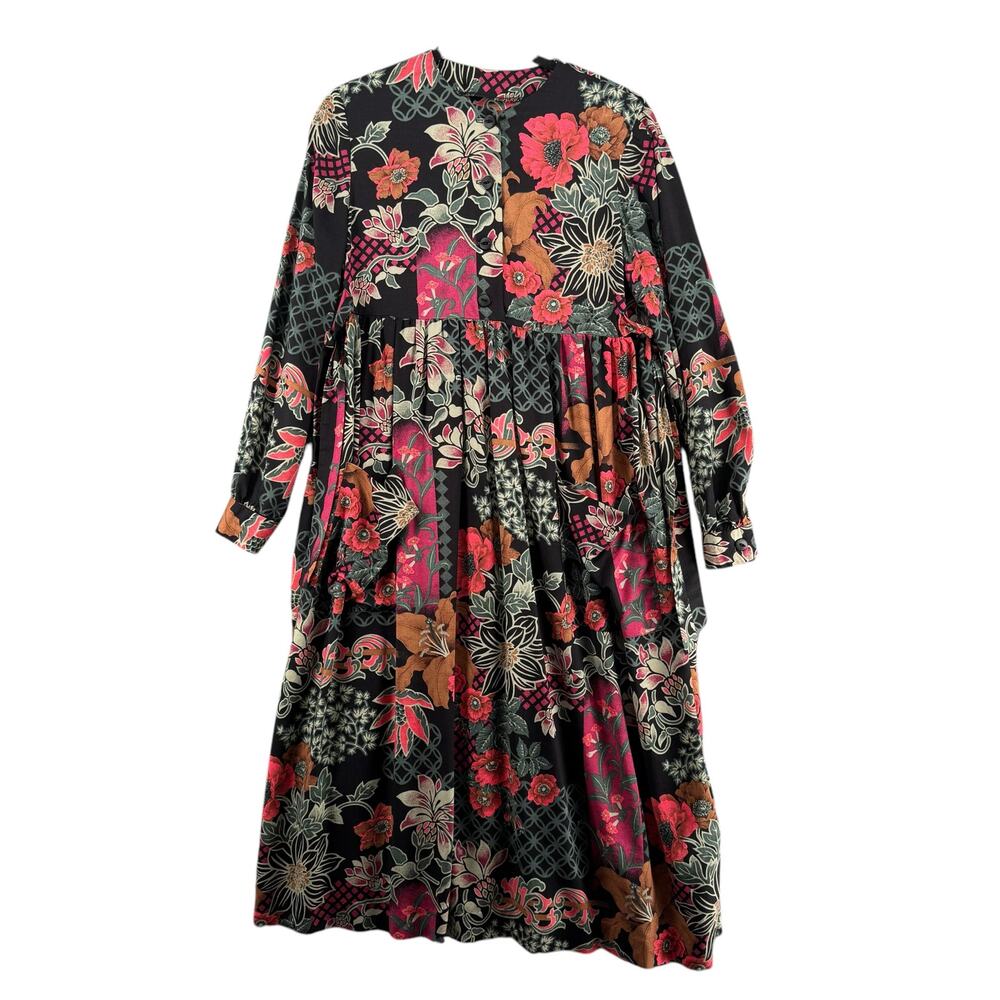 Long Sleeve Black Floral Maxi Dress Patch‎ Pockets Loose Fit M/L?- No Tags/Brand